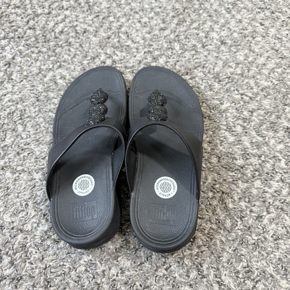 Fitflop Sandals Petra Sugar Jewel Embellished Toe Post Thong Size 7 Black Wedge - Picture 4 of 6